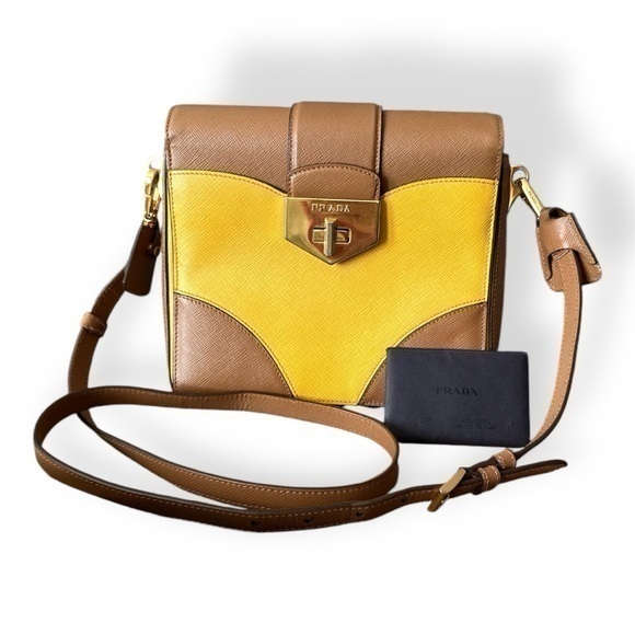 Prada Bicolor Saffiano Turn-Lock Shoulder Bag Brown Yellow (Caramel + Mimosa) - Picture 1 of 16
